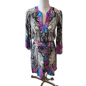 Alice & Trixie Silk Colorful Paisley Print Bell Sleeve Belted Mini Dress XS